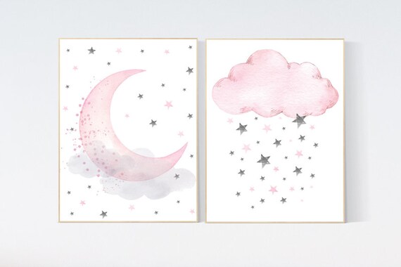 Nursery decor girl, nursery wall art girl pink, pink nursery, girl nursery wall decor, moon print, nursery print, moon and stars nursery art