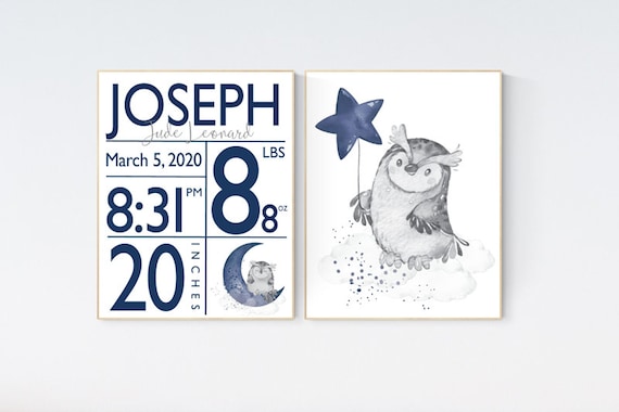 Owl nursery, Navy nursery wall art boy, owl print nursery, owl print baby, navy blue, Nursery decor boy owls, birth stats