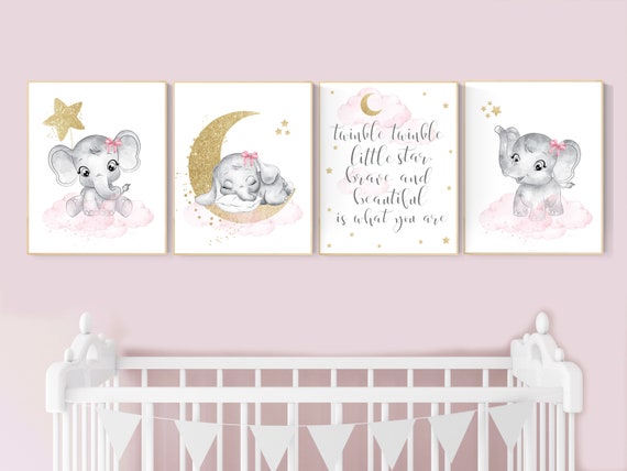 Nursery decor girl elephant, pink and gold nursery, twinkle twinkle little star, pink nursery art, cloud and stars, baby room decor