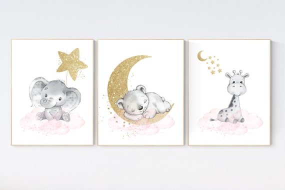 Animal prints for girls, pink and gold, Nursery decor girl elephant, animal nursery, giraffe baby room, pink gold, moon and stars, wall art