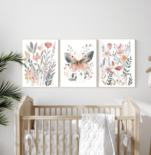 Butterfly and Floral Nursery Wall Art – Watercolor Botanical Prints for Baby Girl Room – Pastel Wildflower & butterfly wall art