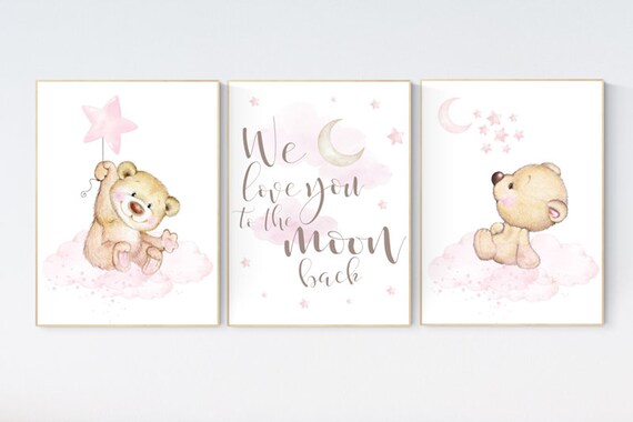 We love you to the moon and back, Bear nursery decor for girls, nursery decor girl, girl nursery decor, nursery wall art girl, teddy bear