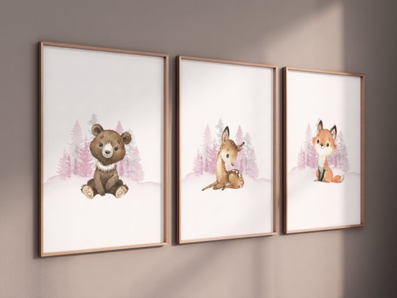 Nursery decor woodland, girl nursery decor, pink nursery, Woodland Nursery Wall Art, Woodland Print Set, animal prints, Woodland Animals