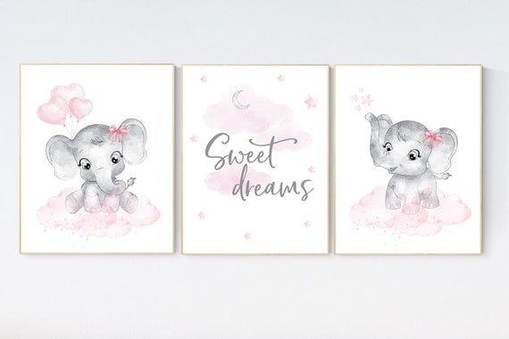 Nursery decor elephant girl, nursery wall art elephant, pink gray, nursery prints elephants, pink grey, elephant nursery wall art, set of 3