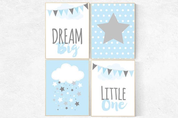 Blue nursery art, Dream Big little one, nursery decor boy, blue and gray nursery, moon and stars, cloud and star nursery, baby blue nursery