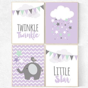 Twinkle Twinkle Little Star, Baby girl nursery decor, lilac mint nursery decor, cloud nursery girls room wall art, lilac nursery decor