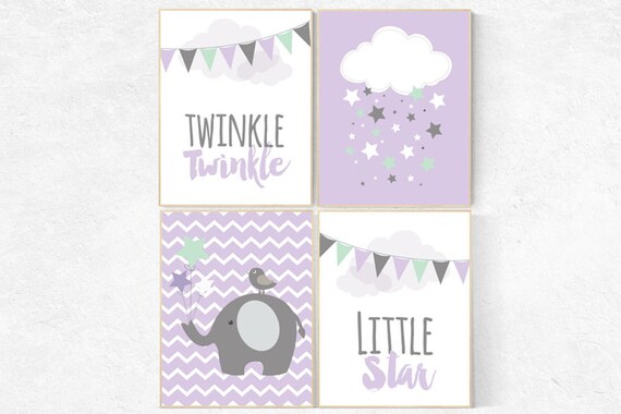 Twinkle Twinkle Little Star, Baby girl nursery decor, lilac mint nursery decor, cloud nursery girls room wall art, lilac nursery decor