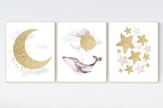 Whale nursery decor, gender neutral nursery, gold nursery, moon and stars, nursery decor nautical, sea theme nursery decor, whale nursery