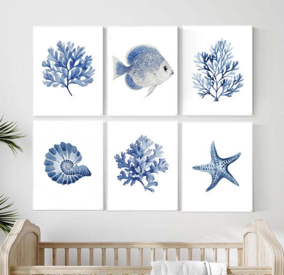 Blue Ocean Wall Art Set – Coastal Fish Coral Shell Prints – Nautical Bathroom Decor – Sea Life Watercolor Poster Trio – Beach House Art