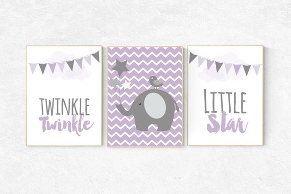 Twinkle Twinkle Little Star, Purple nursery decor, elephant nursery, baby girl nursery wall art, new baby gift, purple gray nursery Purple