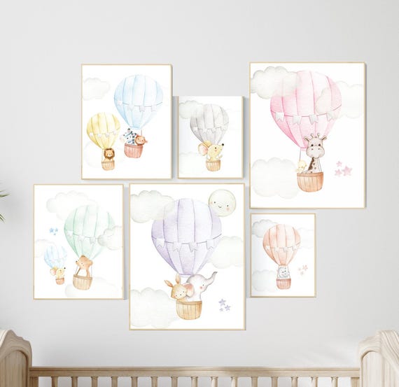 Nursery decor animals, hot air balloon, gender neutral, nursery decor, animal nursery, neutral nursery, animal nursery, nursery wall art
