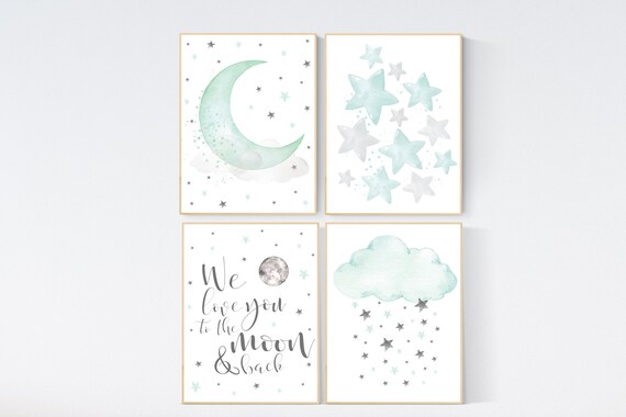 Nursery decor mint, Mint nursery, gender neutral nursery, we love you to the moon and back, mint green nursery wall art, cloud and star