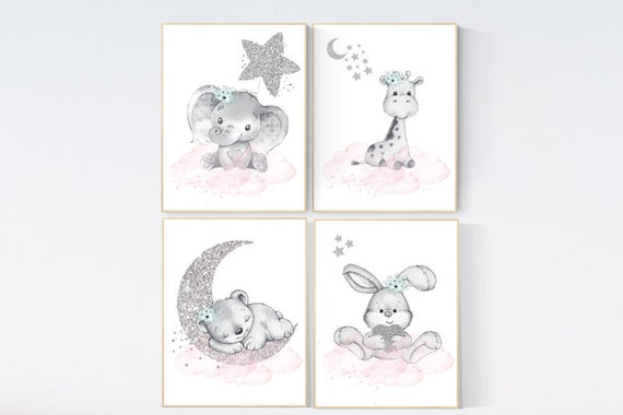 Animal nursery for girls, pink mint and silver, Nursery decor girl elephant, animal nursery, bunny print, bear nursery giraffe baby room art