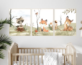 Woodland Nursery Prints: Fox, Deer, Raccoon Animal Decor