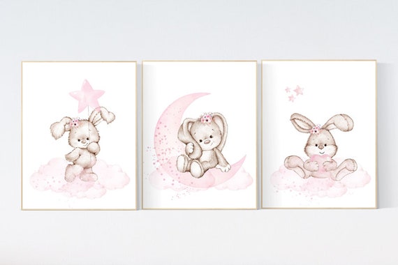 Bunny nursery wall art, pink nursery decor, girl nursery, pink nursery decor, flower bunny, bunny print nursery girl, rabbit nursery prints