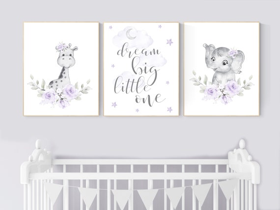 Nursery decor girl boho, Purple nursery, giraffe, elephant, Floral jungle animals, lavender, flower nursery prints, lilac, animal prints