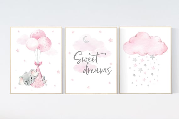 Sweet dreams, Nursery decor girl elephant, baby room decor girl, nursery wall art elephant, pink gray, nursery prints elephant, pink nursery