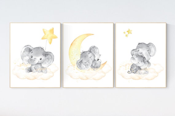 Nursery wall art neutral, nursery wall art elephant, cloud and stars, gender neutral, baby room decor, elephant balloon, yellow nursery