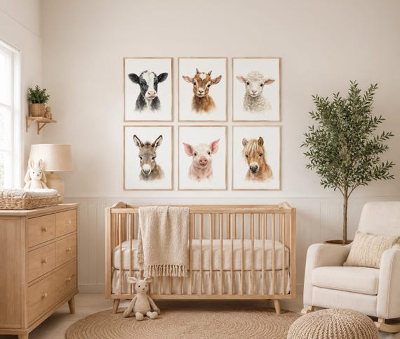 Farm Animal Nursery Prints Set of 6, Baby Farm Animals Wall Art