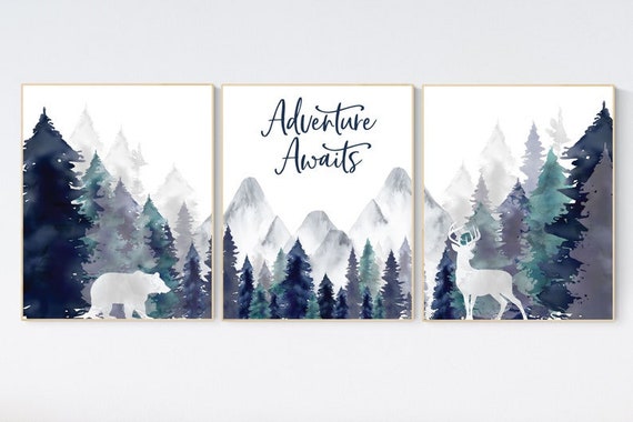 CANVAS LISTING: Nursery decor woodland, mountain wall art, tree nursery decor, adventure theme nursery, forest, navy and teal