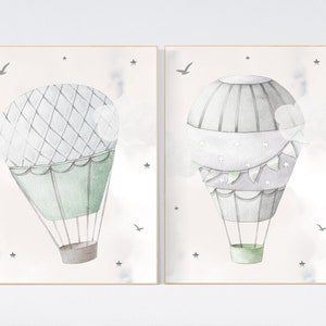 Nursery decor gender neutral, sage green, hot air balloon, green nursery, baby room decor, nursery prints, travel theme nursery, adventure