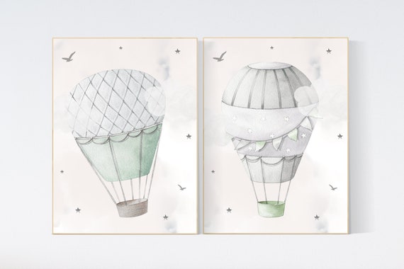 Nursery decor gender neutral, sage green, hot air balloon, green nursery, baby room decor, nursery prints, travel theme nursery, adventure