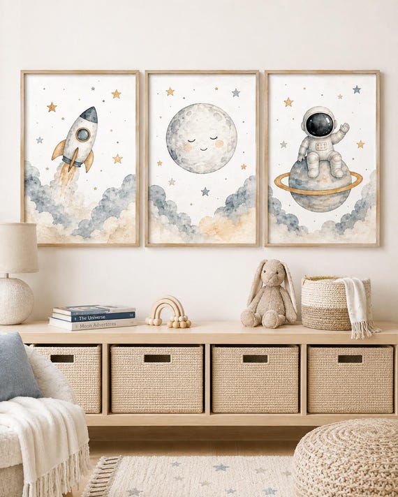 Space Nursery Wall Art Set of 3, Gender Neutral Space Prints, Rocket Moon