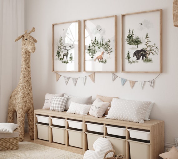 Nursery decor woodland, mountain wall art, tree nursery decor, adventure theme nursery, forest, sage green, beige, woodland animals