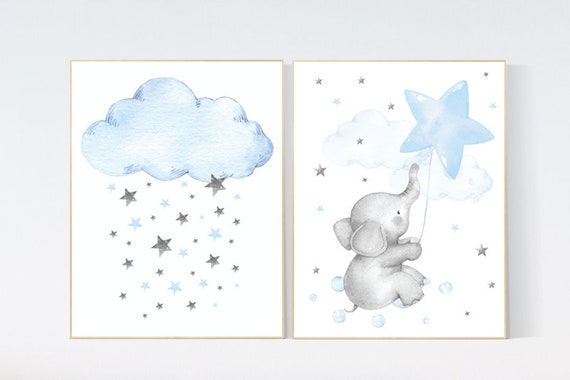 Nursery decor boy elephant, nursery wall art elephant, baby room decor boy, cloud and stars, Elephant Nursery Art, boy nursery decor