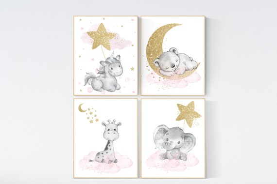 Pink and gold nursery, Nursery decor girl elephant, animal nursery, bunny nursery art, pink gold, bear nursery, giraffe baby room wall art