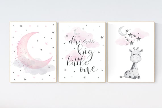 Nursery decor girl, nursery wall art girl, giraffe nursery, Pink and gray nursery, dream big little one, moon and stars nursery, cloud