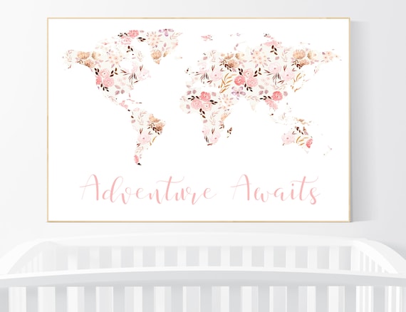 Nursery decor girl, flower nursery, Floral nursery, World Map, floral map, Girl Nursery Decor, Travel Nursery Art, floral Nursery Print