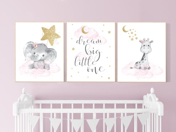Nursery wall art girl, giraffe nursery, baby room decor girl gold and pink, dream big little one, cloud and stars, elephant nursery wall art