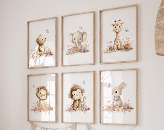 Floral Safari Animal Prints: Boho Nursery Decor, Set of 6