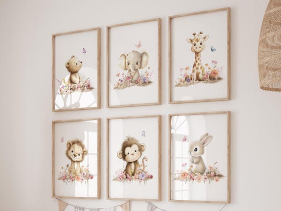 Floral Safari Animal Nursery Prints Set of 6, Boho Jungle Baby Room Decor, Neutral Wall Art for Girls or Boys, Woodland Safari Prints