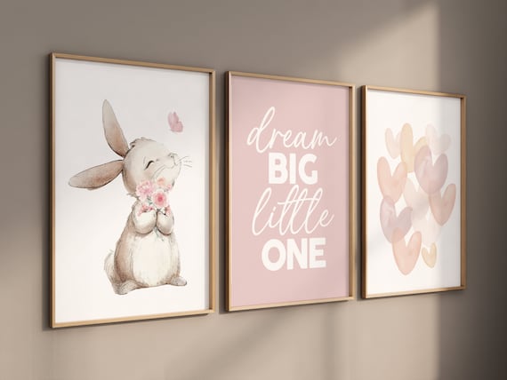 Bunny nursery, blush pink nursery, dream bit little one, heart print, Girl bedroom art, name print, girls room decor, blush nursery