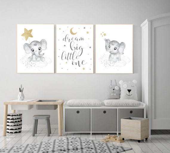 Nursery wall art gold gray, gender neutral nursery, gold nursery, elephant nursery, baby room decor, gender neutral nursery ideas, grey