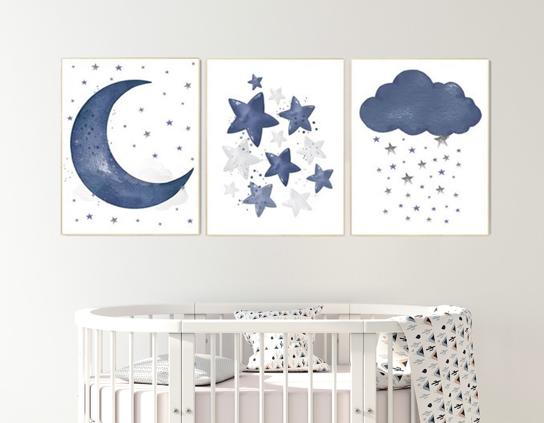 Navy Nursery Decor, Moon, Cloud and Stars, Nursery Decor Boy, Navy Blue ...