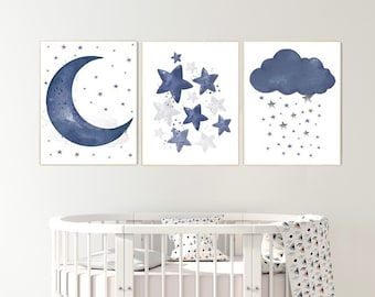 Navy Nursery Art Prints: Moon, Stars & Cloud - Set of 3