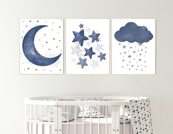 Navy nursery decor, moon, cloud and stars, nursery decor boy, navy blue nursery art, baby room wall art, boy nursery decor, set of 3