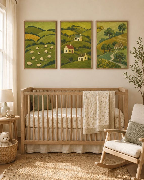 Countryside Nursery Wall Art Set of 3, Rolling Hills Sheep Prints, Cottage Landscape