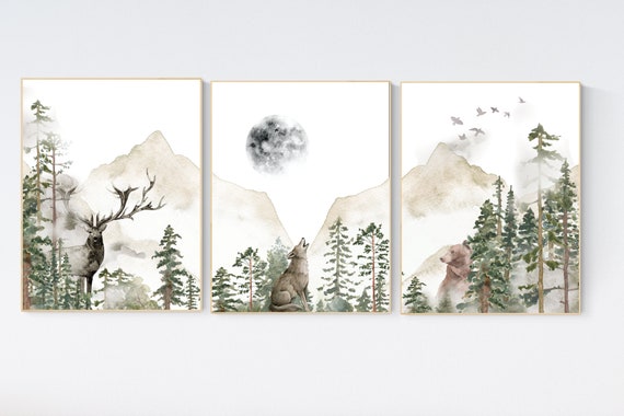 Nursery decor woodland, mountain wall art, tree nursery decor, adventure theme nursery, forest, sage green, beige, woodland animals