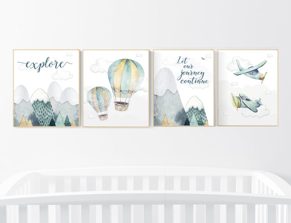 nursery decor boy airplanes, adventure nursery, travel theme nursery, woodland, gender neutral, explore, hot air balloon, plane, neutral