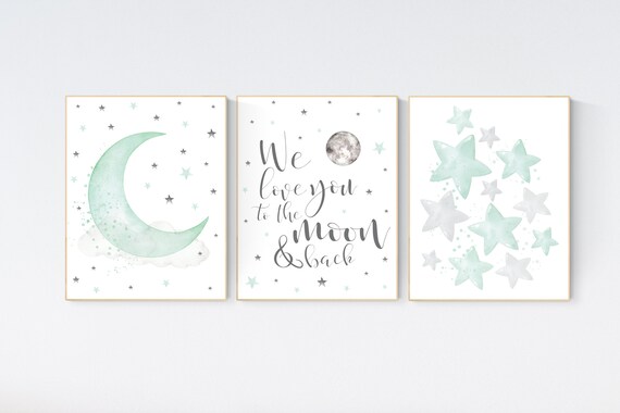 Mint nursery decor, gender neutral nursery, we love you to the moon and back, mint green, moon and stars, twin nursery wall decor