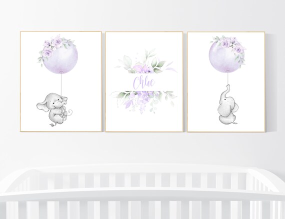 Purple nursery, Boho baby room, nursery wall art elephant, nursery decor girl, nursery decor girl floral, lilac nursery decor, lavender