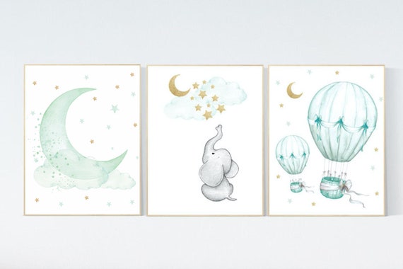 Nursery decor elephant, mint gold baby nursery, nursery decor boy and girl, cloud and star nursery, moon nursery decor, gender neutral