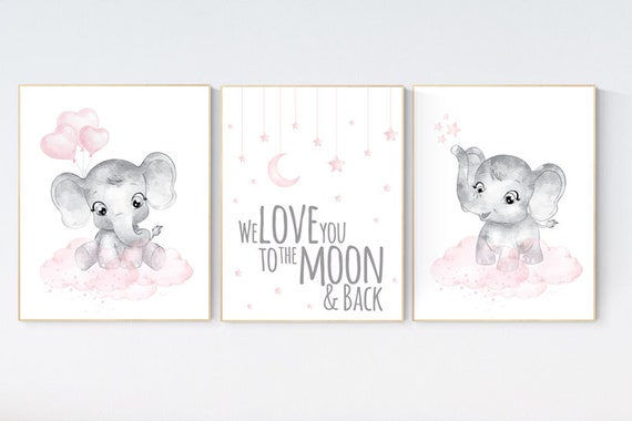 Baby room decor elephant, Nursery decor girl pink and gray, nursery decor girl pink, nursery wall art girl, we love you to the moon and back