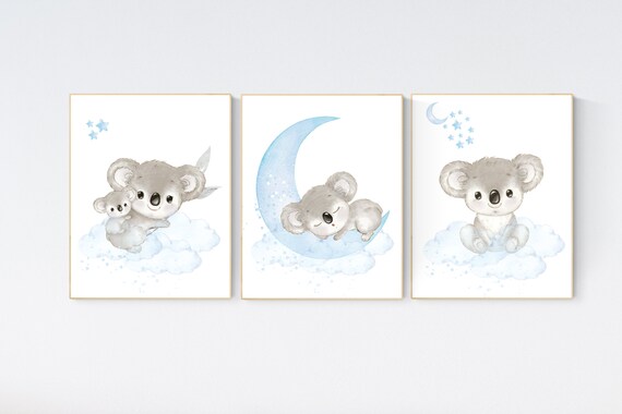 Koala nursery, boy nursery decor, baby blue nursery art, nursery prints animals, boy nursery decor, koala mother and baby, blue and gray
