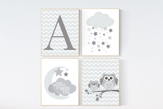 Owl nursery decor, gender neutral nursery decor, gray nursery decor, we love you to the moon and back, grey nursery, owl room decor