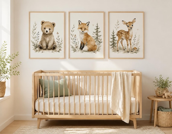 Watercolor Forest Animals Nursery Prints, Bear Fox Deer Set (Set of 3)